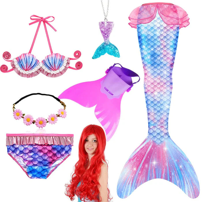 Fantasia Infantil Ariel de A pequena Sereia com Nadadeira e Cabelo